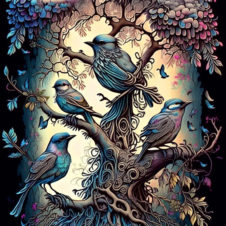 Fantasy birds in a tree, highly detailed, attractive beautiful, 1800’s, surreal, soft moody color splash, ink flowers on the ground Modifiers: digital painting extremely detailed fantasy high definition crisp quality Zentangle Style