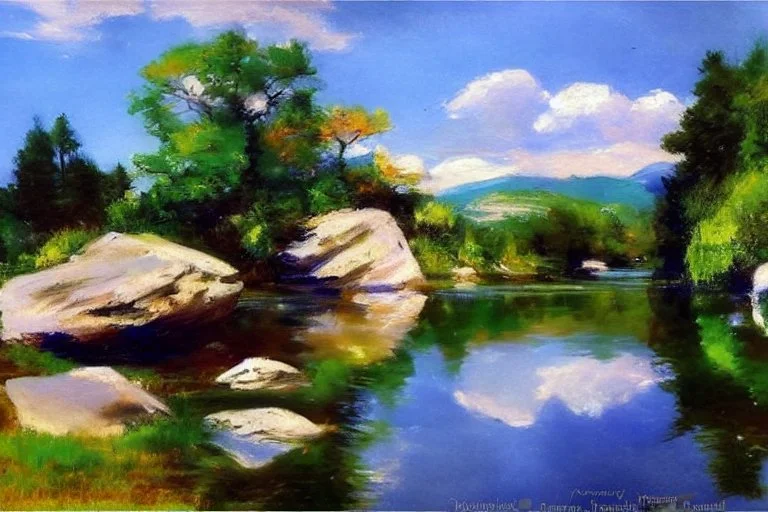 Sunny day, clouds, rocks, river, water reflections, vegetations, trees, distant trees, distant mountains, lesser ury impressionism painting