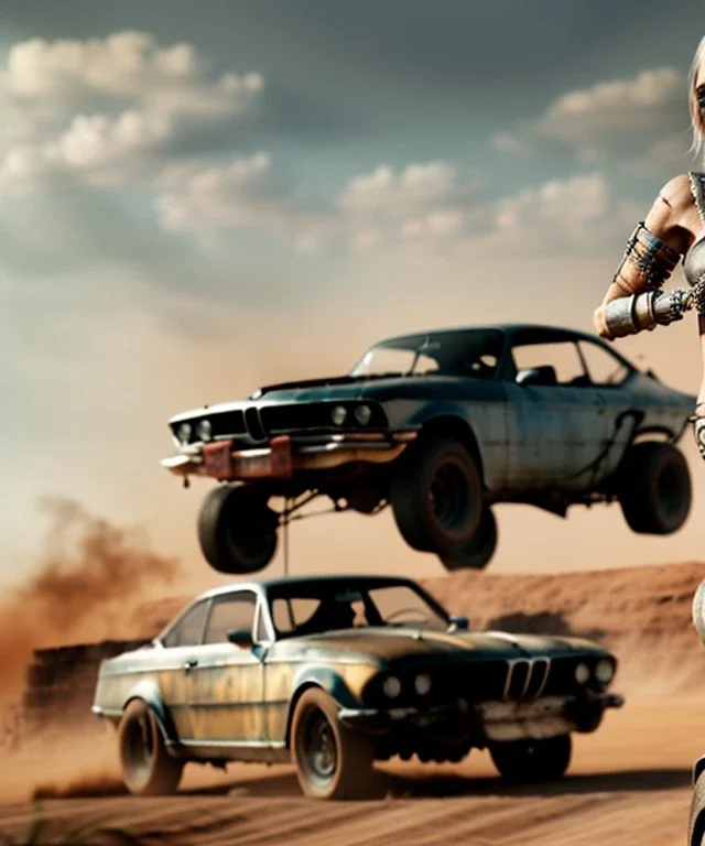 Realistic image. Mad max car. woman in the foreground. BMW 4 series. 4k resolution, intricate details, ornate details, soft lighting, vibrant colors, mad max background