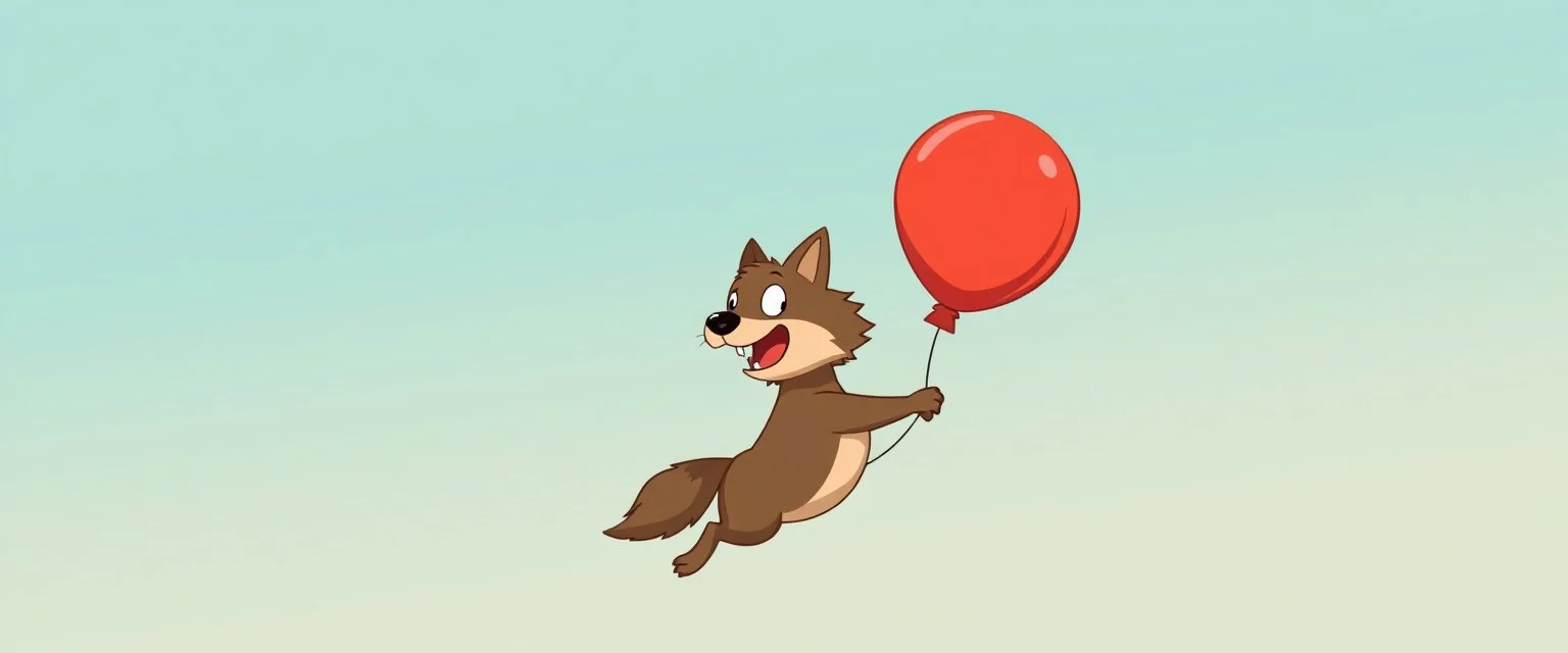 stupid cartoon wolf flying with a baloon
