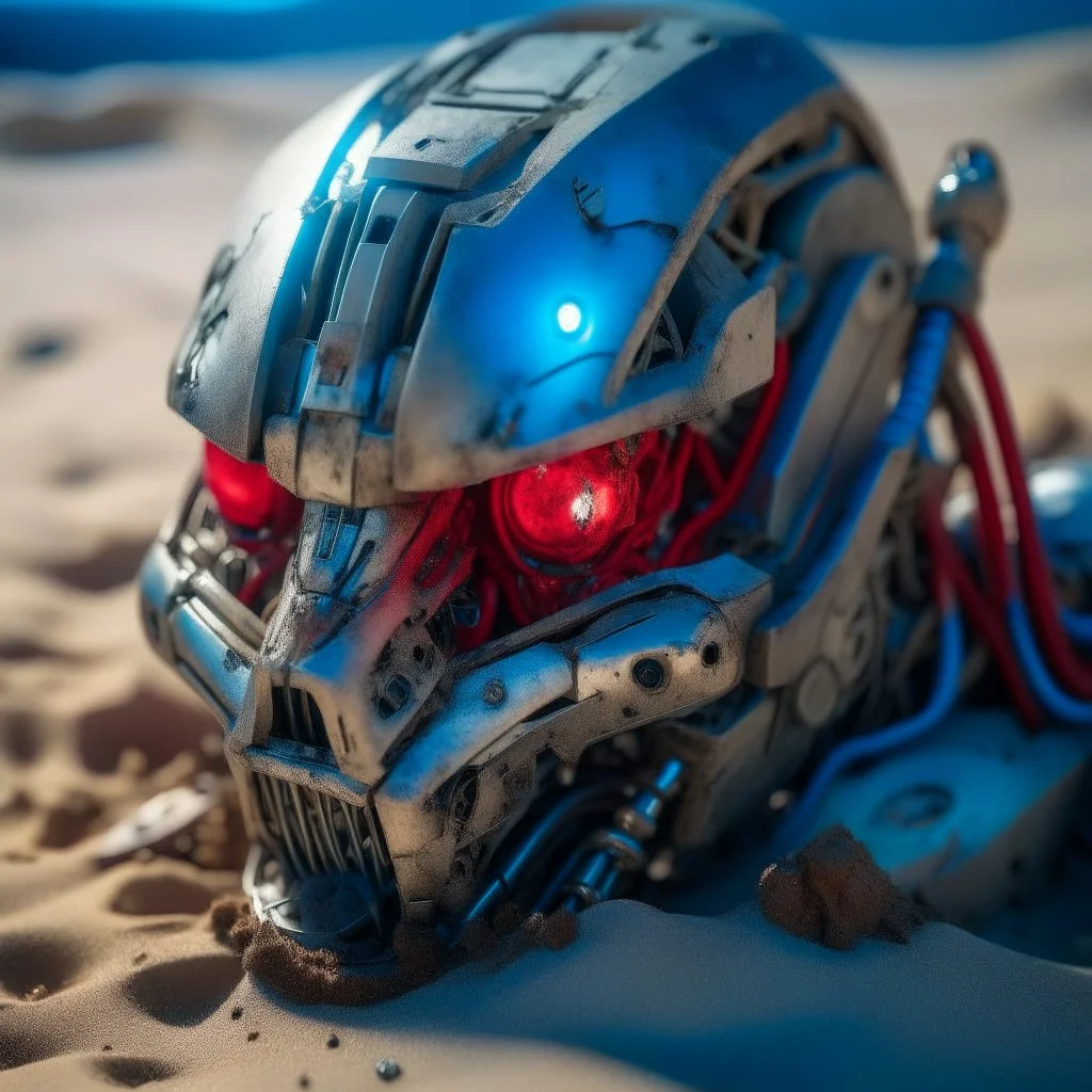 half destroyed robot head lying on sand in daylight, silver face parts, rgb lights rugged face, strings and metal pieces sticking, blue and red eyes bright glow lights, inner machinery look, oil leak, cinematic macro shot,