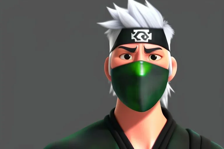 Kakashi Hatake, Shinobi, white tall hair, black face mask, black leaf ninja headband, Left eye red, Green military-style Ninja vest,