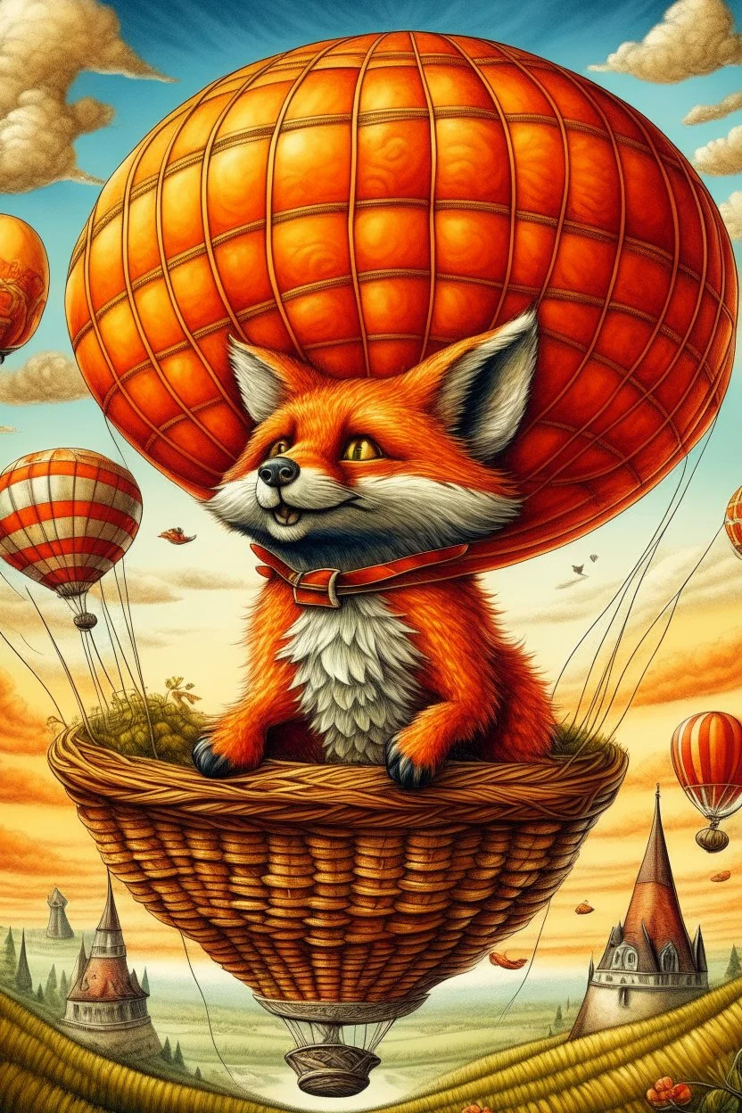 Color illustration of a ultra photo realistic happy red fox sitting "inside" a detailed wicker basket which is hanging below a perfect round orange colored hot air ballon nothing should be hanging from the basket, full image of hot air ballon, every element; fox, wicker basket, ballon should be in proportion to one another, in the background you can see the leaning tower of Piza