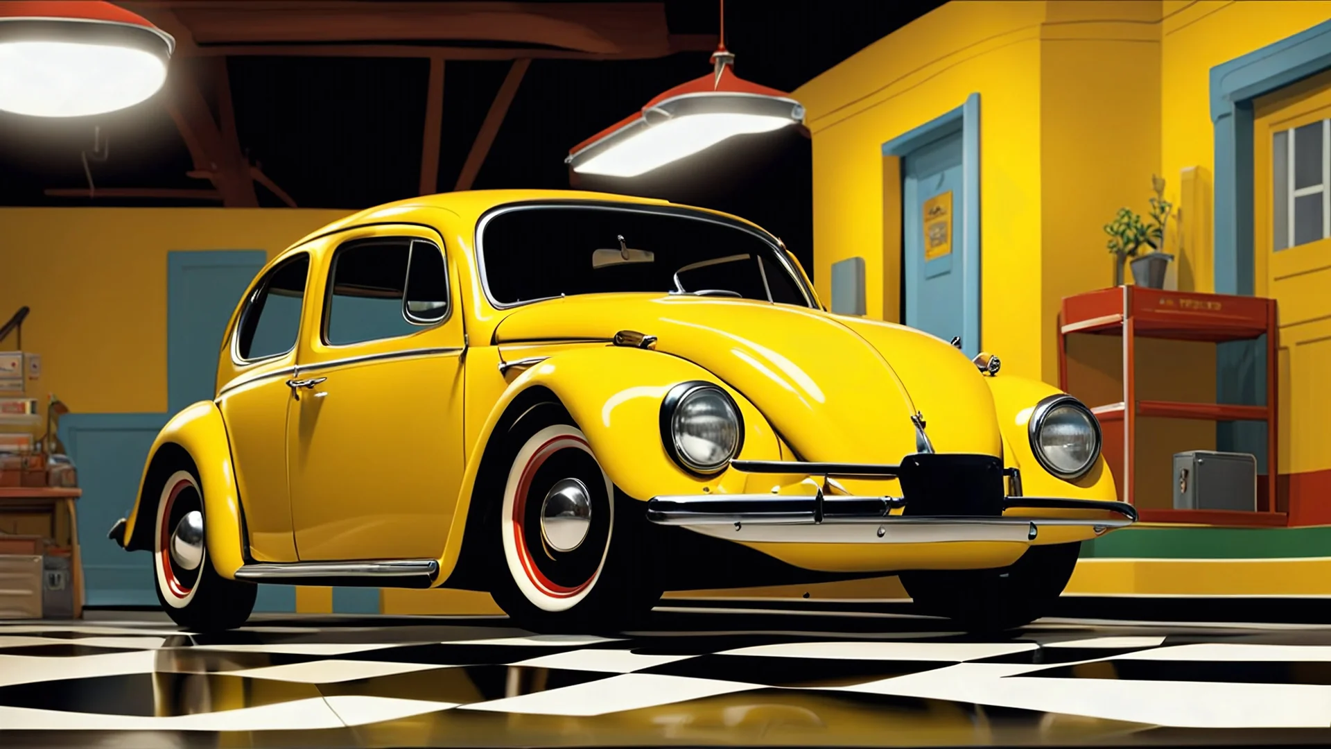 a painting of a car parked in a yellow garage with a checkered floor, chicano airbrush art, still from a music video, 3 d animated movie, beetle-inspired, shades of yellow, a digital painting, inspired by Edward Hopper, inspired by Joaquín Torres García, inspired by Thomas Hart Benton, beetle, by Werner Tübke, sepia colors, ultra - realistic painting, photograph of 3d ios room, video game screenshot, by Oswaldo Guayasamín, noir animation, albuquerque, by Benito Quinquela Martín, 3 d cartoon, by