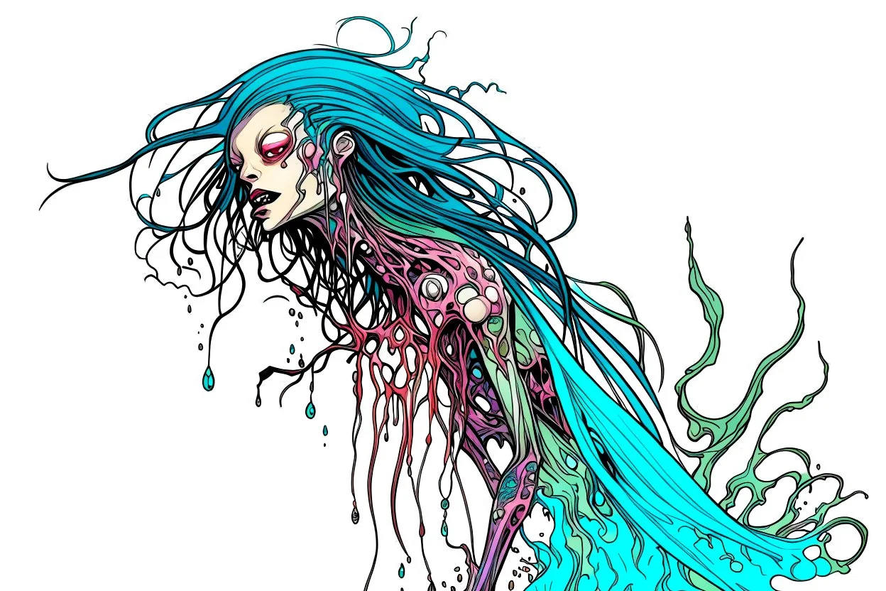 full color front facing full body illustration of a malevolent shape shifting female Funayurei water ghost with highly detailed facial features and skin textures, in the style of Alex Pardee , Jean Giraud Moebius, and Katsushika Hokusai, highly detailed, boldly inked, darkly colored