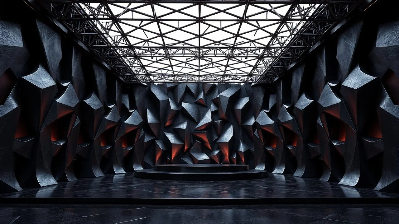 a 3d fractal stage structre made of metallic dark color 3d structures, pertty artistc background