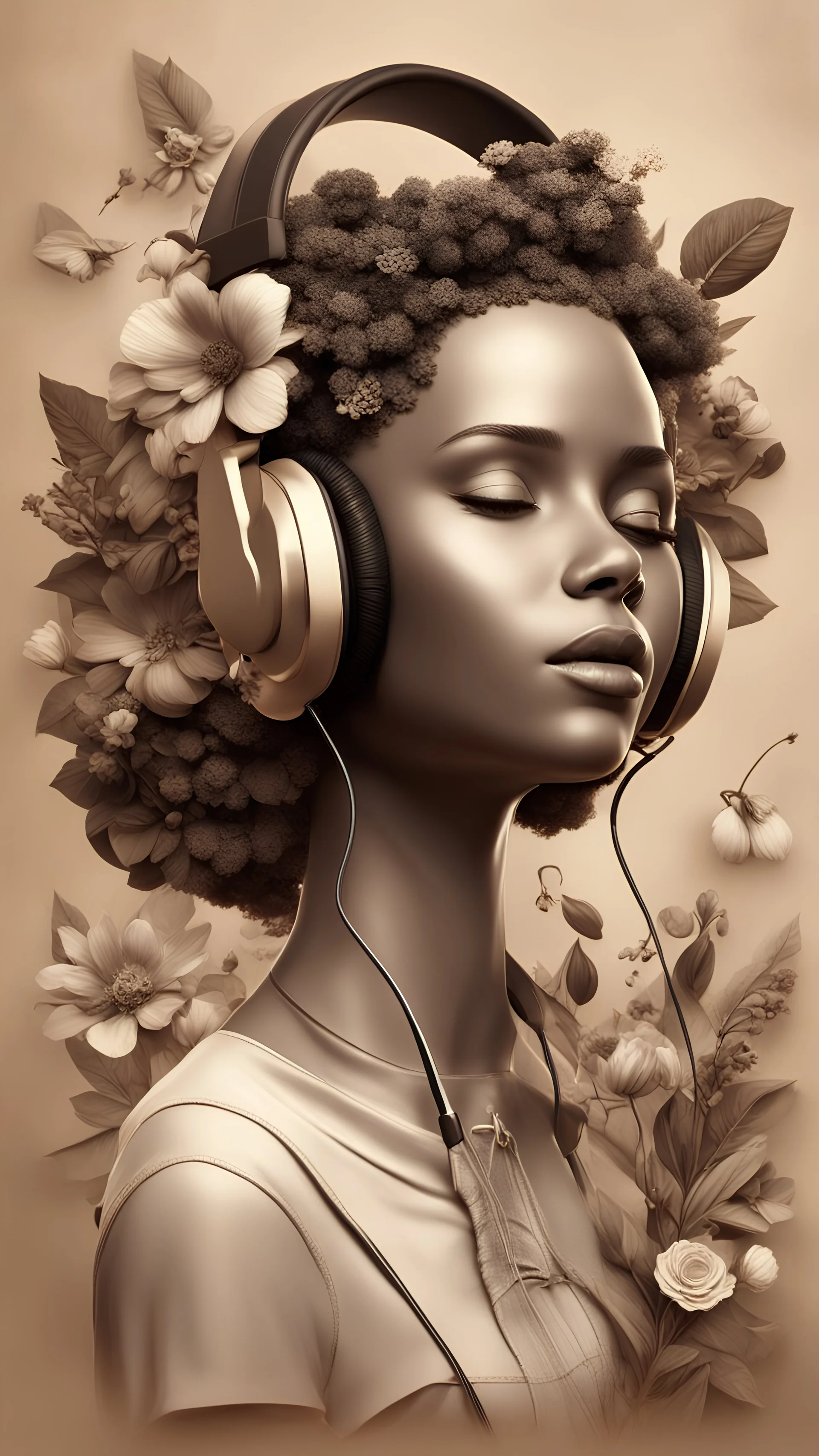 3D illustration of American roots woman with headphones on and a sepia background with flowers, illustration, smooth 3d digital art, exquisite thee-dimensional rendering, 4K, blender, c4d, octane render , disney style 3d light, Zbrush sculpt, concept art, Zbrush high detail, pinterest Creature Zbrush HD sculpt, neutral lighting, 8k detail