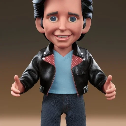 Wide view Young Fonz with black hair greaser figure Toy doll 1978 (thumbs-up) (face) Forehead grin, fonzarelli, ((arnold's drive-in)) fonzie