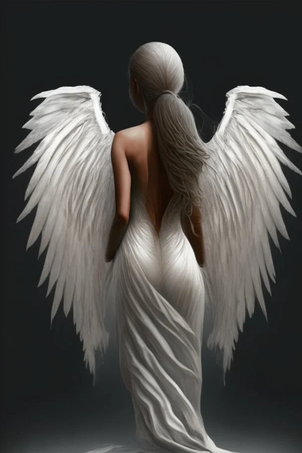 full body woman angel from back, angel wings tear her skin away and coming through from her neck, bun haired angel wearing long tunic ultra realistic design