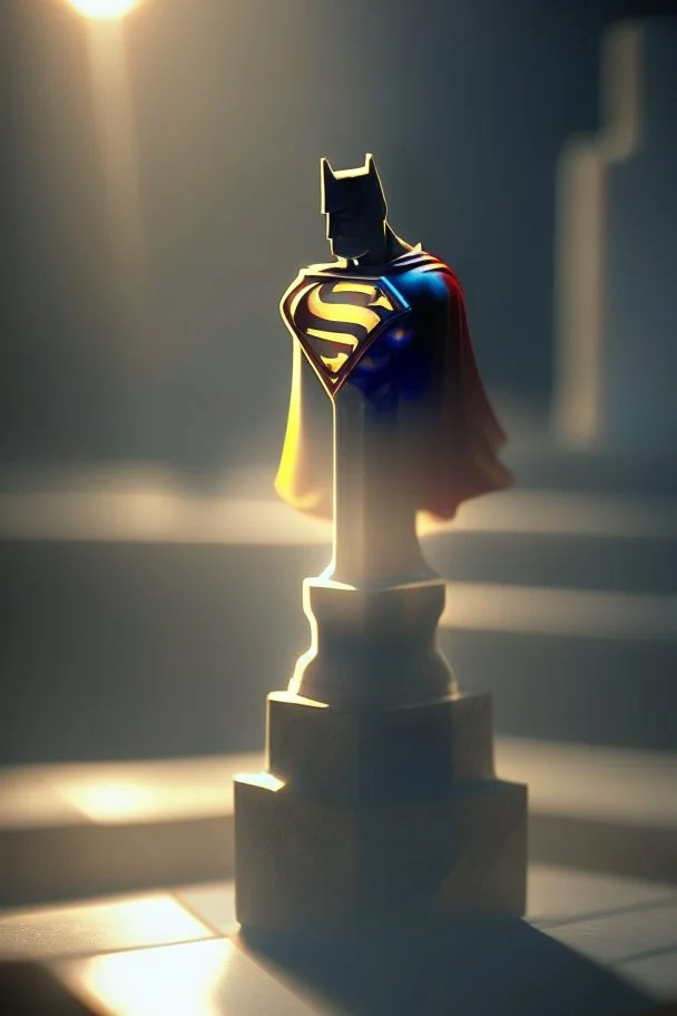 superman chess piece buildt of by yellow stones misty trending, depth of field, backlit, in hexagon valley