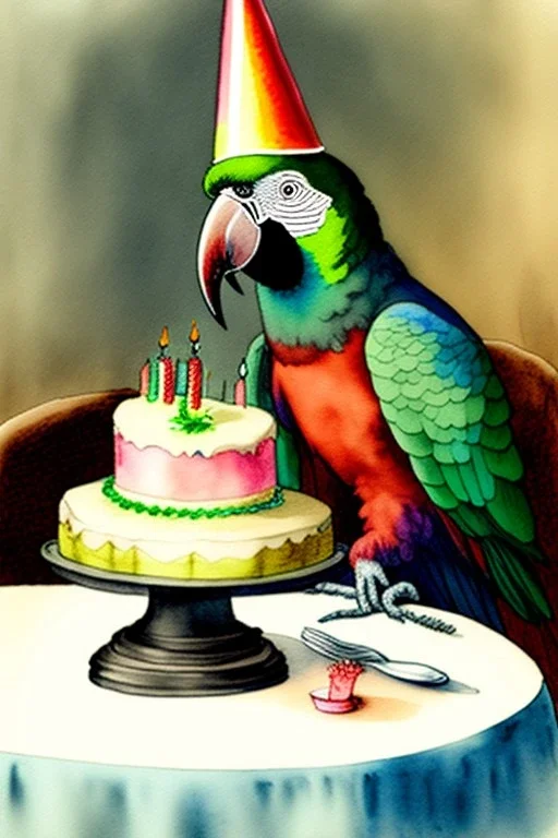 Parrot with human body is sitting at a table with a birthday cake. Watercolour