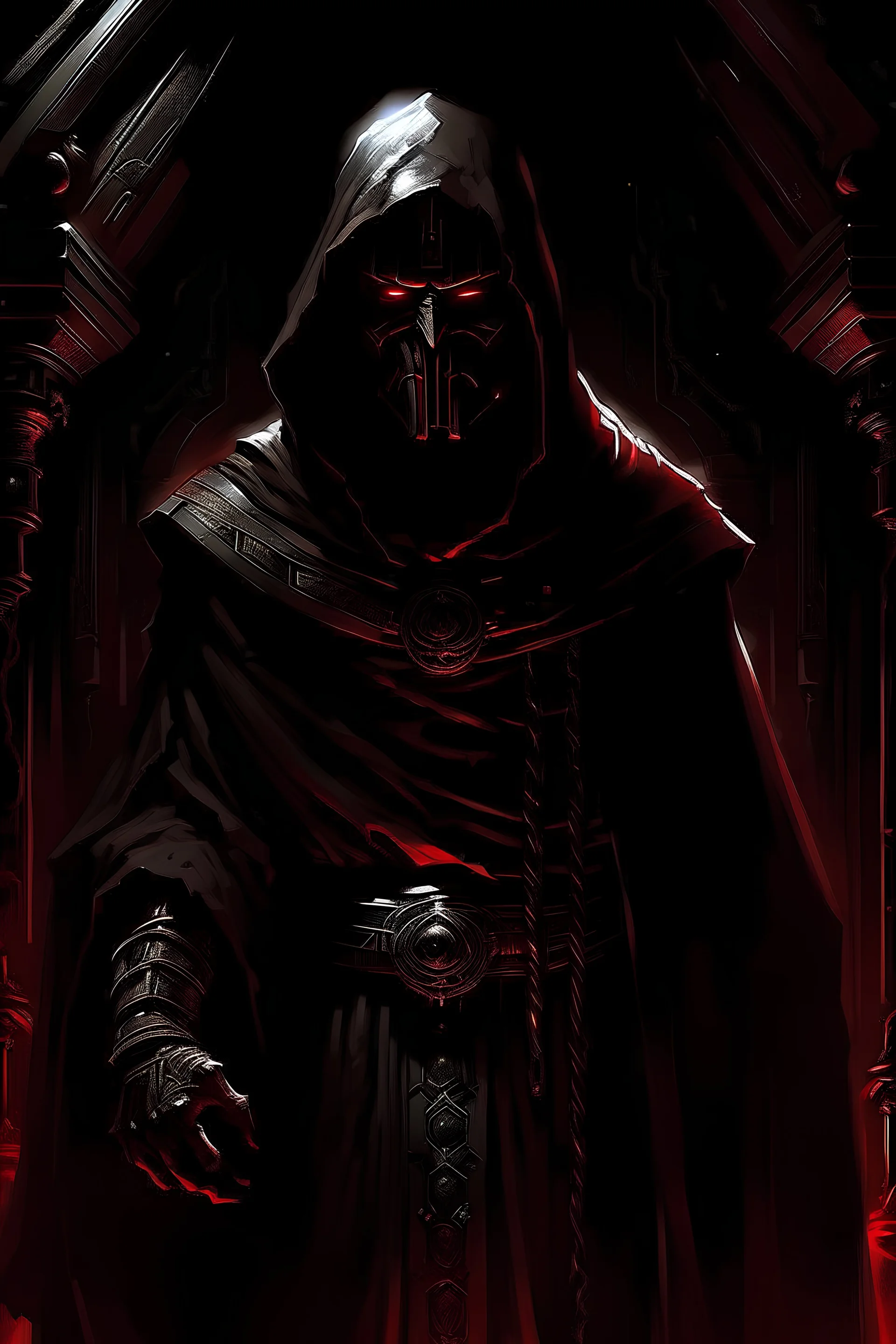 In a dimly lit chamber, shrouded in darkness, a formidable Sith Lord emerges. The Sith, a tall and imposing human figure, wears dark robes adorned with ancient Sith symbols that seem to glow with an otherworldly energy. The fabric of the robes cascades in rich folds, hinting at the Sith's powerful presence. The Sith's face is concealed beneath a hood, casting a mysterious shadow over their features. The only visible elements are a pair of piercing yellow eyes that gleam with the intensity of th