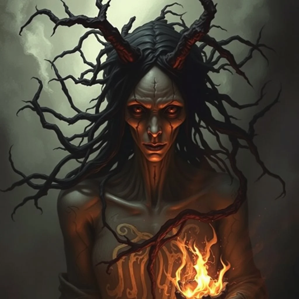 The witch, Lorissa Nightshade, appears—a gaunt, pale woman wreathed in shadowy tendrils. Grimdark realistic