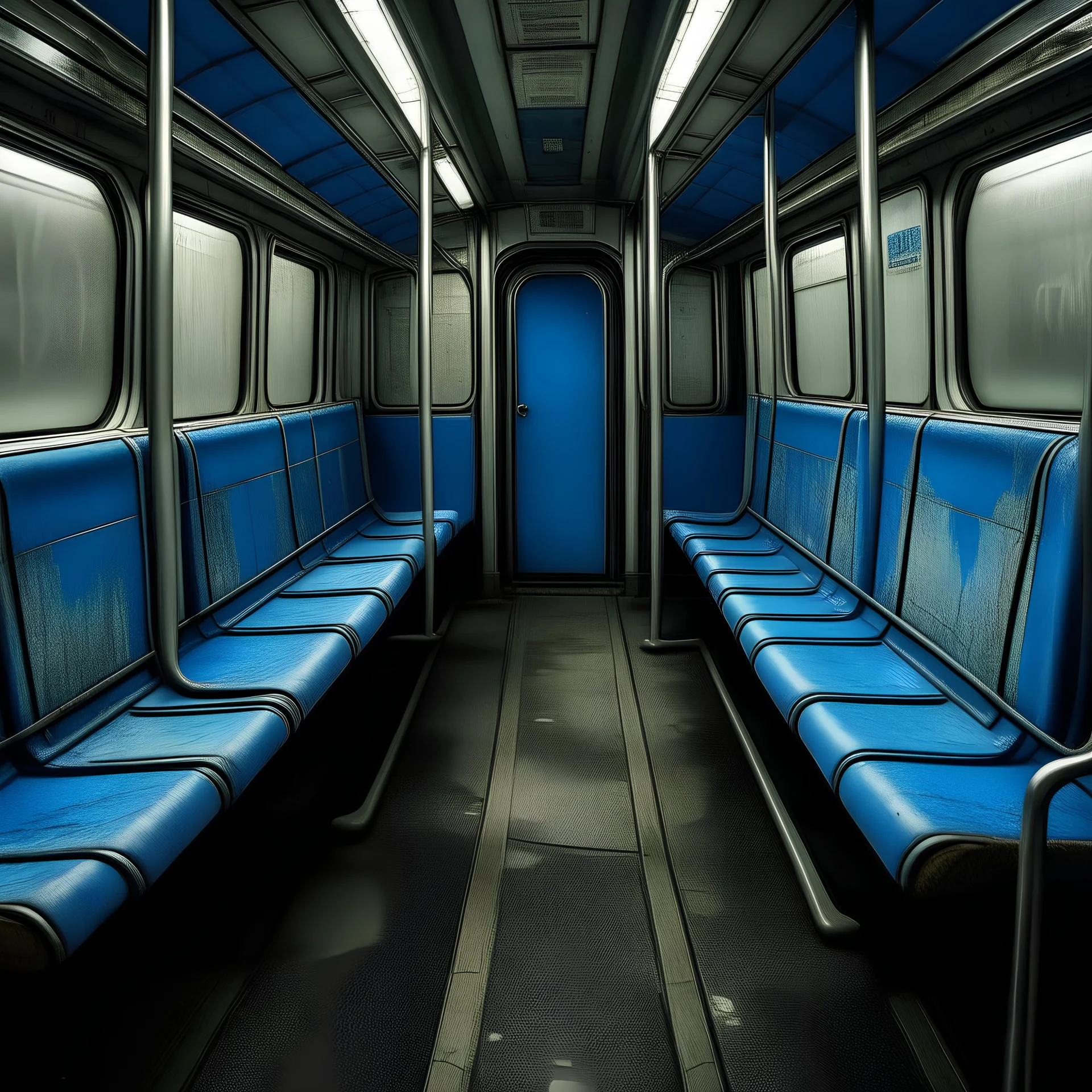 Très Vieux wagon de métro, sièges usés à rayures, linoléum bleu usé