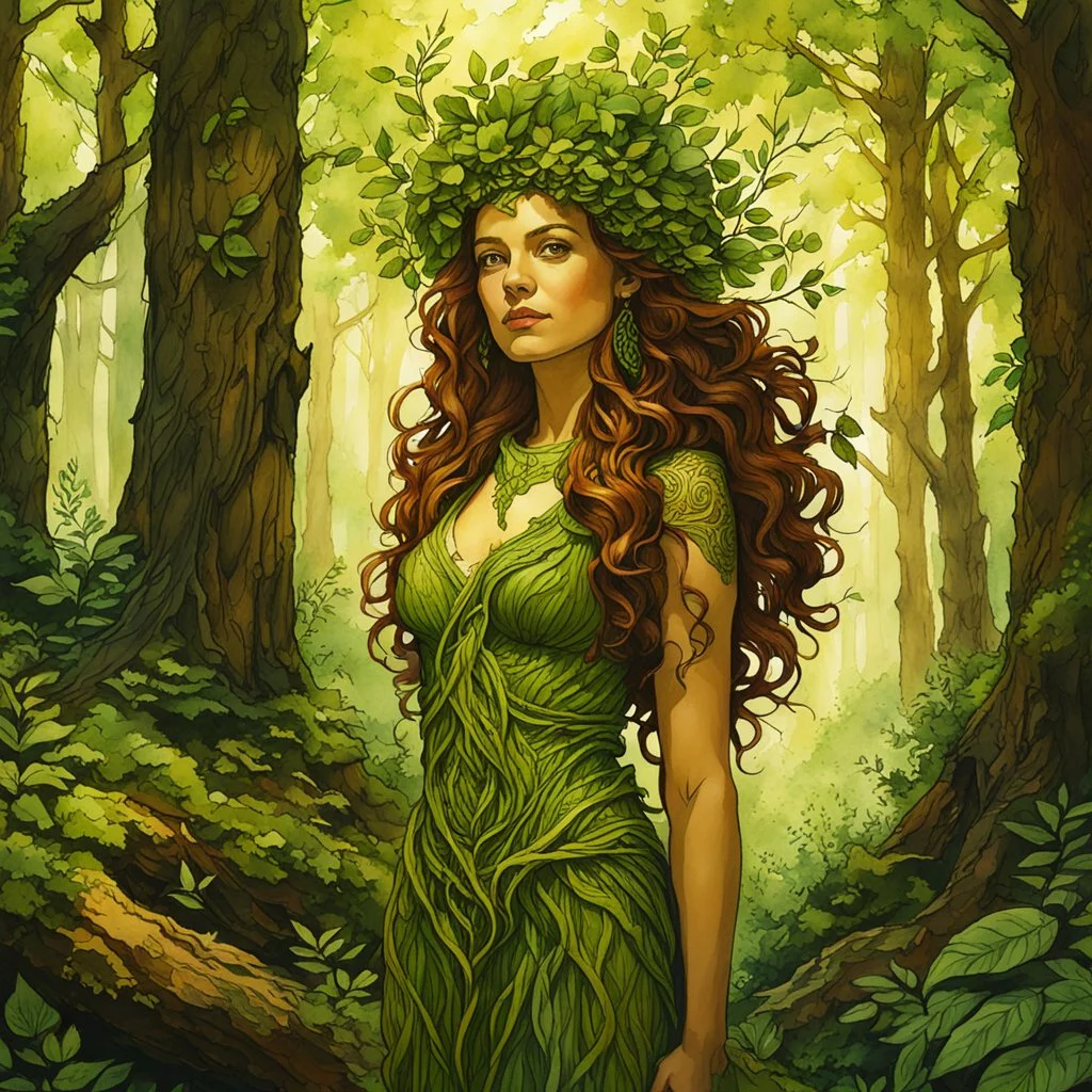 create an oil and watercolor full body portrait of a forest dryad enchantress , with highly detailed, sharply lined facial features, in the deep forest of Brokilon , finely inked, in rustic colors, 4k in the style of Maxfield Parrish