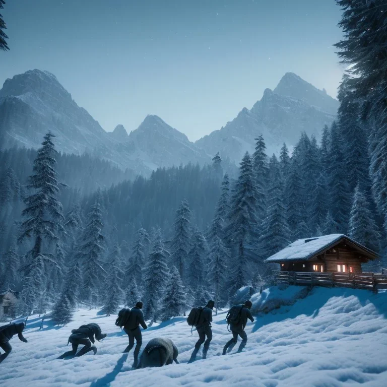 Five people hunting in a snowy forest, sense of fear, mountain hut in the background, Alps, night, 8k, HD, cinematography, photorealistic, Cinematic, Color Grading, Ultra-Wide Angle, Depth of Field, hyper-detailed, beautifully color-coded, insane details, intricate details, beautifully color graded, Cinematic, Color Grading, Editorial Photography, Depth of Field, DOF, Tilt Blur, White Balance, 32k, Super-Resolution, Megapixel, ProPhoto RGB, VR, Halfrear Lighting, Backlight, Natural Lighting