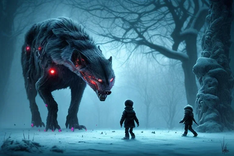 Starvation black monster wolves with red eyes, fight in the ice age Scenery, : concept art::1 cyberpunk::1 splatter paint::1 wide angle lens::2 Zdzislaw Beksinski style, and a little prince boy walks to the Shining Ethereum shape sun, in winter storm, ultra detailed| 4k --v 4