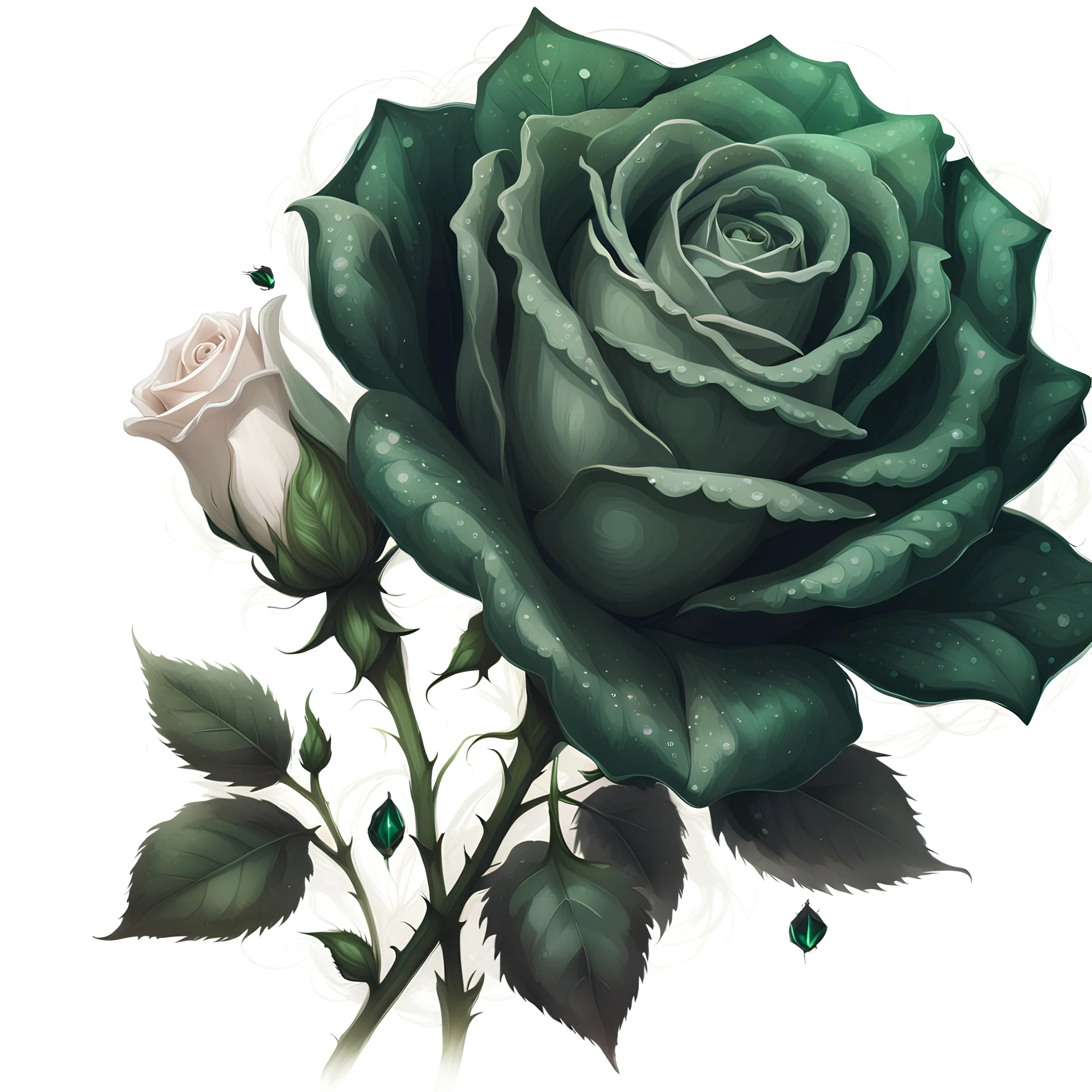 dark style, dark green rose with white lace and emeralds, Trending on Artstation, {creative commons}, fanart, AIart, {Woolitize}, by Charlie Bowater, Illustration, Color Grading, Filmic, Nikon D750, Brenizer Method, Side-View, Perspective, Depth of Field, Field of View, F/2.8, Lens Flare, Tonal Colors, 8K, Full-HD, ProPhoto