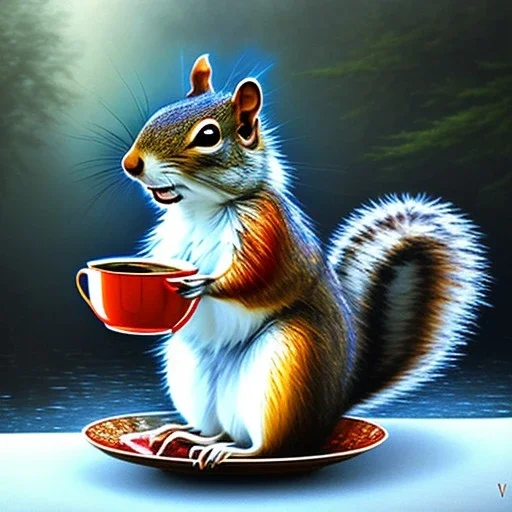 squirrel drinking smoking tea amidst twisted magical foliage growing from icy waters