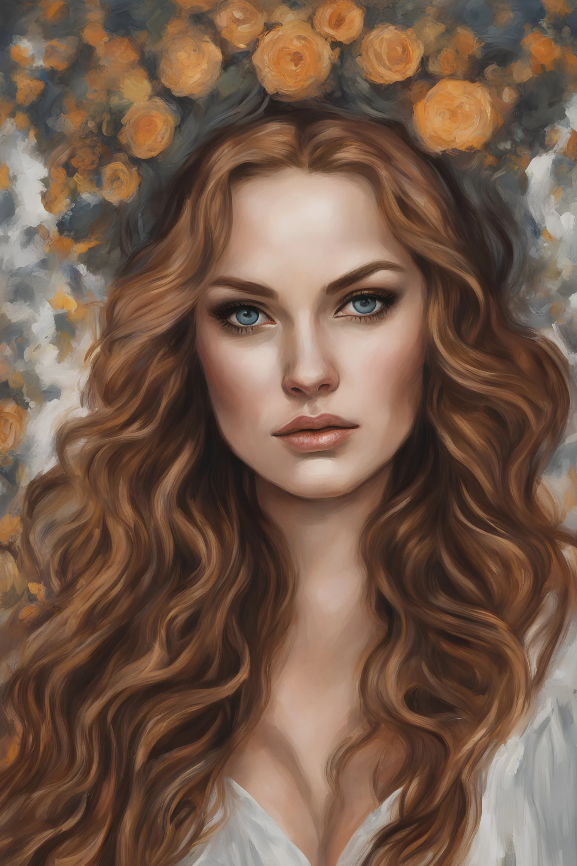 Tori Black style women eye candy oil paiting New York City, lovely busty and fantasy bombshells. h on artforum illustration photorealistic digital painting, on display Gustav Klimt style subject is a beautiful long long ginger hair female in a detailed render eye candy breathtaking