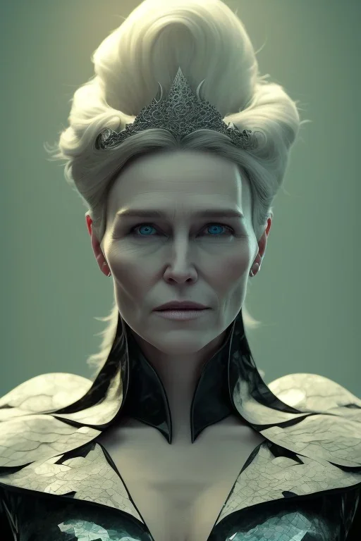 Robin Wright as evil queen in black leather, busty, cleavage, voluptuous, Claire Underwood, angry, stern look. character design by cory loftis, fenghua zhong, ryohei hase, ismail inceoglu and ruan jia. unreal engine 5, artistic lighting, highly detailed, photorealistic, fantasy