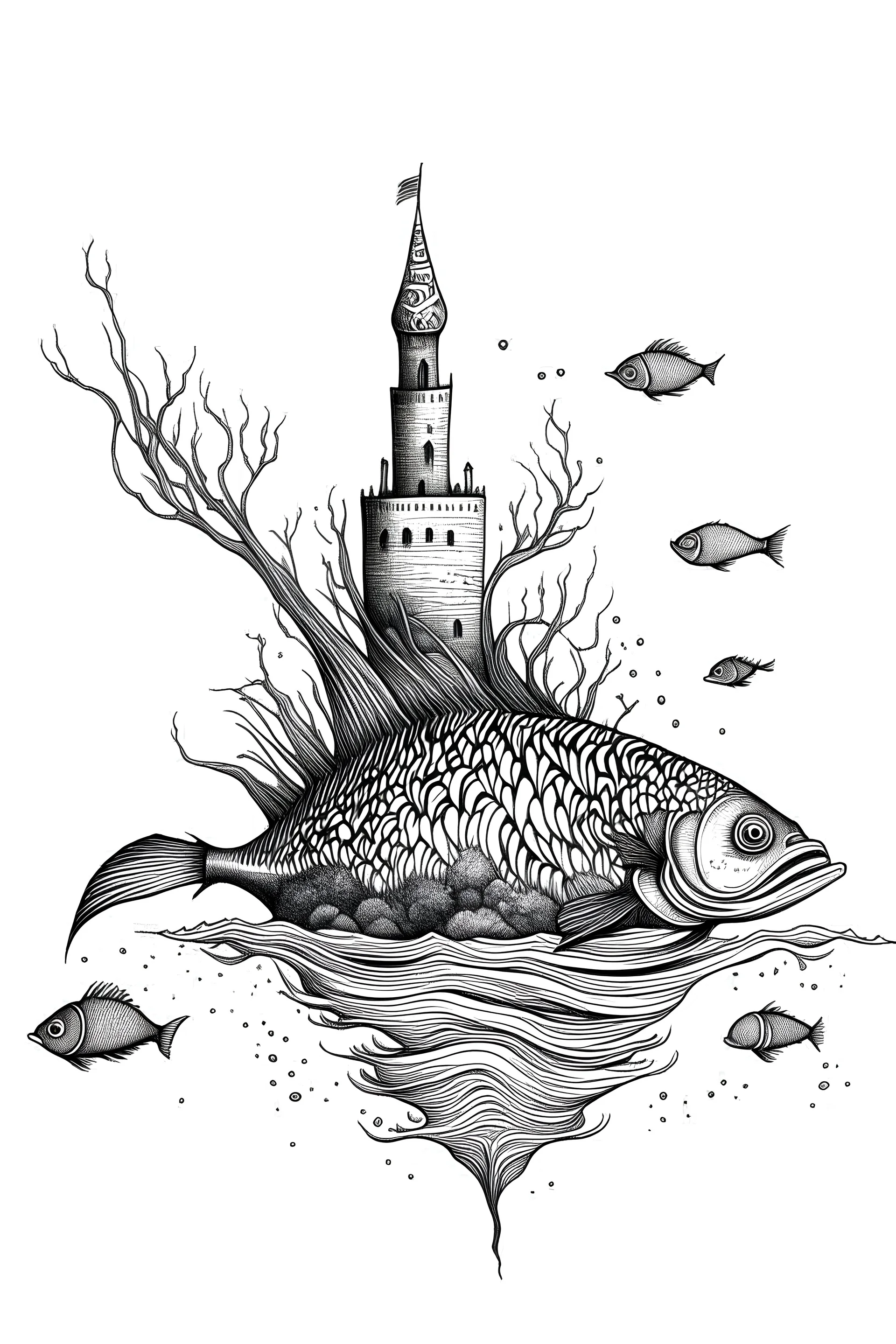 Fantastical, graceful fish with long fins and tail lurking in the deep sea, a small island floating above, surrealist ink drawing, black and white