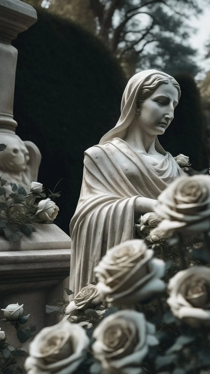 A grave with a statue of a woman behind it, and above it a white lace scarf and white roses. Cinematic picture