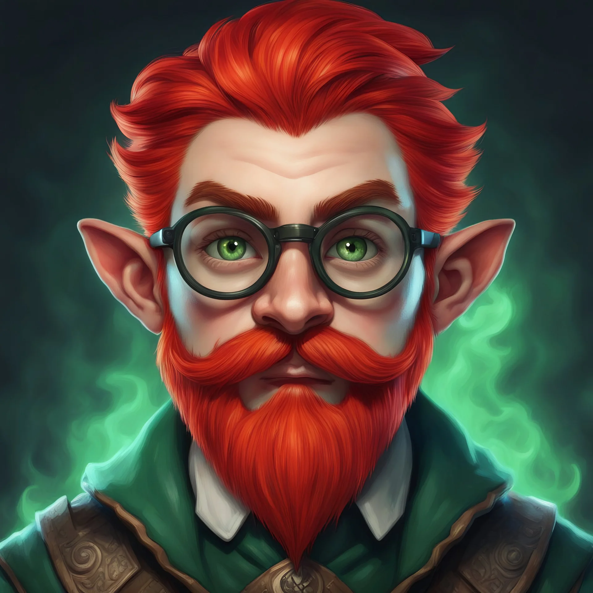 Generate a dungeons and dragons character portrait of the face of a male illusionist wizard handsome rock gnome. He has red hair, red eyebrows, moustache and goatee. He's 19 years old. His eyes are dark green. His eyebrows and beard must be the same color as his hair. He wears round glasses or goggles.