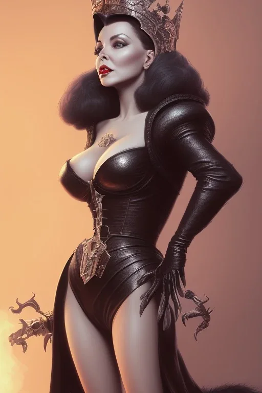 Joan Collins as evil queen in black leather, leather, busty, cleavage, angry, stern look. character design by cory loftis, fenghua zhong, ryohei hase, ismail inceoglu and ruan jia. unreal engine 5, artistic lighting, highly detailed, photorealistic, fantasy