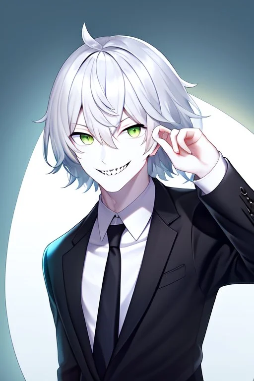 plauge doctor in balck leather coat and suit with silver hair, pale skin and bright green eyes smiling with sharp teeth, nice young face, male, viscious smile, face close look