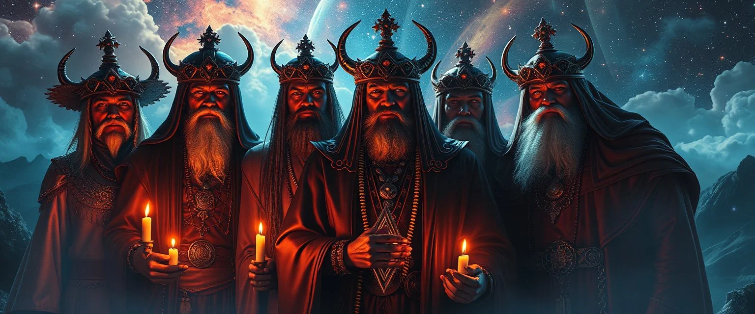 portrait of inter-galatic handsome power broker dynasty family of six , the first nation, witchcraft, cyberpunk village, sci-fi, strange chrome vessels, volume light from stars through clouds, goa trance poster
