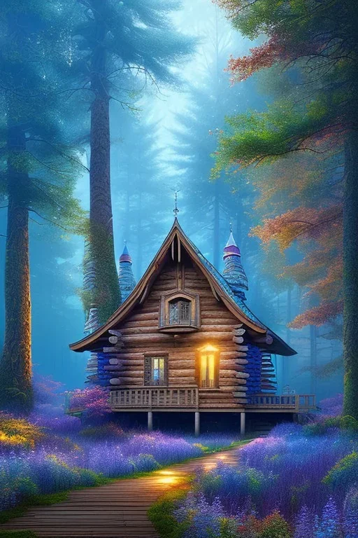 mystical forest, wooden cabin, Neo-Impressionism, fine detail, mystical, purple blue yellow silver teal black olive azurek, red, pink, brown, sharp focus,