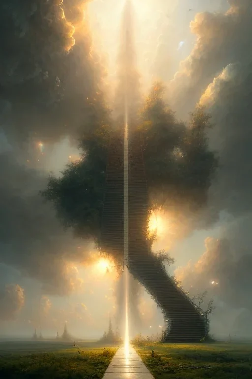 stairway to heaven made of light, sky full of clouds, art by greg rutkowski and peter mohrbacher, featured in artstation, octane render, cinematic, elegant, intricate, ultra detailed, rule of thirds, professional lighting, unreal