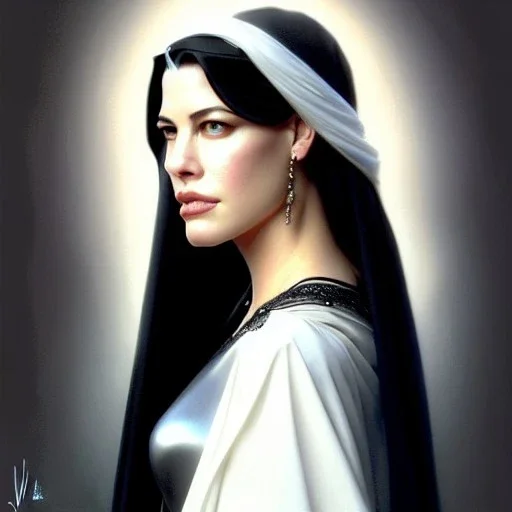 Epic Drawing of a Photorealistic dramatic hyperrealistic Liv Tyler,Crystal blue eyes arab ameera al taweel with black hair, white veil, elegant, by WLOP,Artgerm,Greg Rutkowski,Alphonse Mucha, Beautiful dynamic,shadows,Artstation,concept design art,Octane render,8K