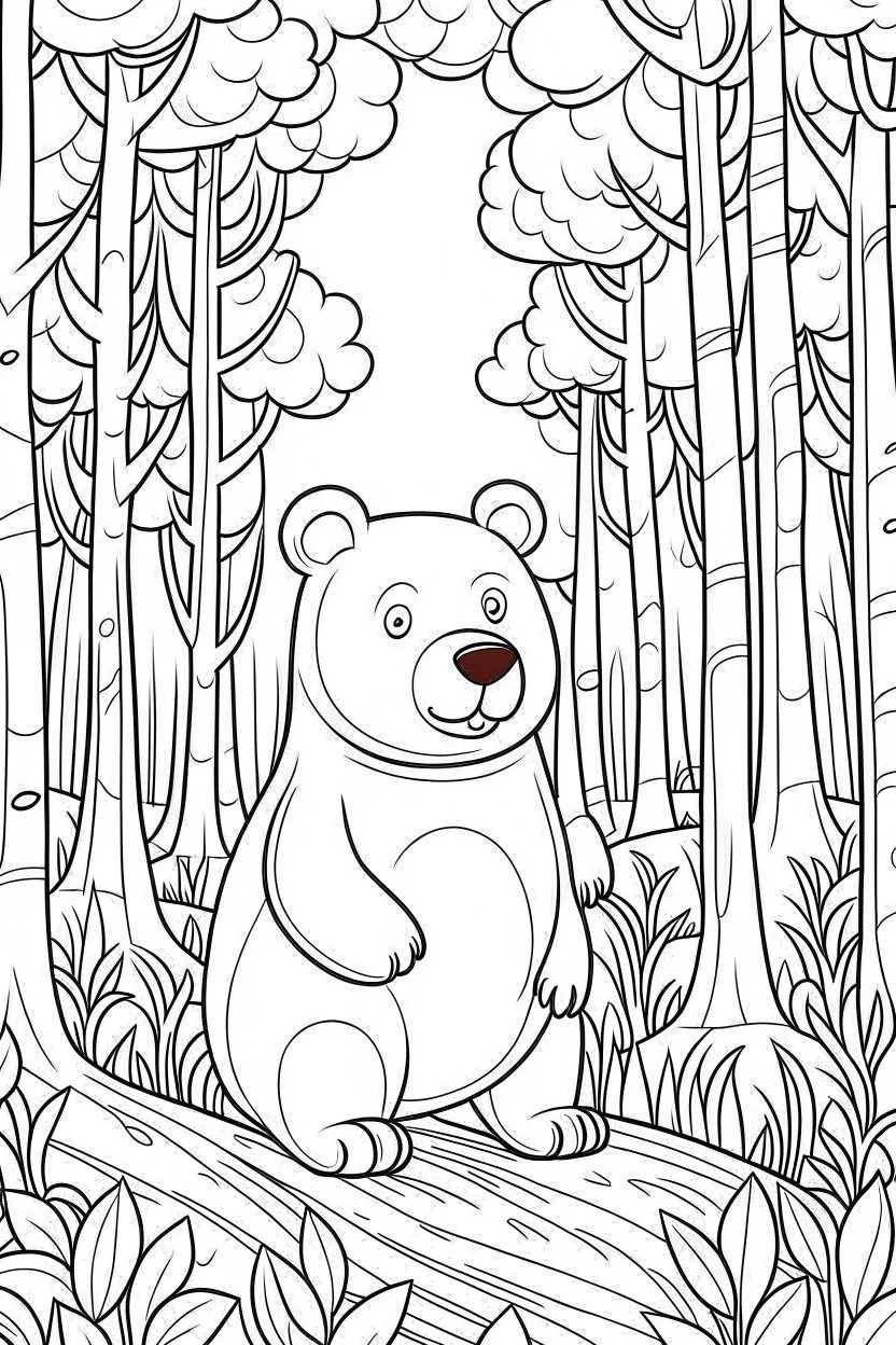 kids coloring page, bear in the woods, cartoon style, thick lines, low detail, no shading