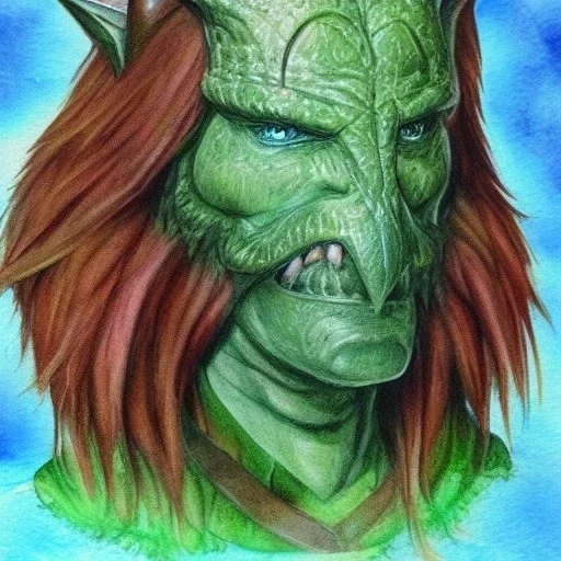 dungeons and dragons, fantasy, goblin, king, green skin, watercolour, distinct face, portrait, head