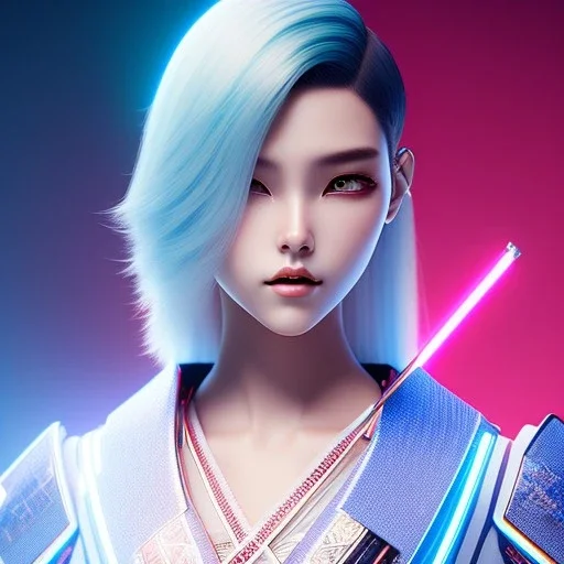 teenager, Cyborg samurai, cyberpunk, white skin, light blue hair, geisha hairstyle, cobalt eyes, waist up portrait, 8k resolution, retroanime, intricate details, neon details, soft lighting, vibrant colors, masterpiece, intricate eyeliner, dark eyeshadow, eyes, intricate tattoos, gradient background