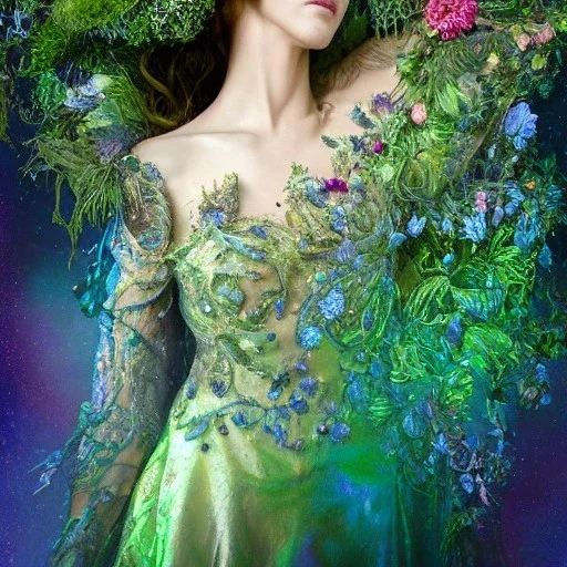 portrait of gorgeous woman wearing the most beautiful, iridescent, stunning gown made of gossamer, flowers, greens, blues, character creation, full shot, centered, intricate headwear, ornate, 8k, high-quality, fine-detail, intricate, digital art, detailed matte, brian froud, howard lyon, Anna Dittman, Anne Stokes, greg Rutowski