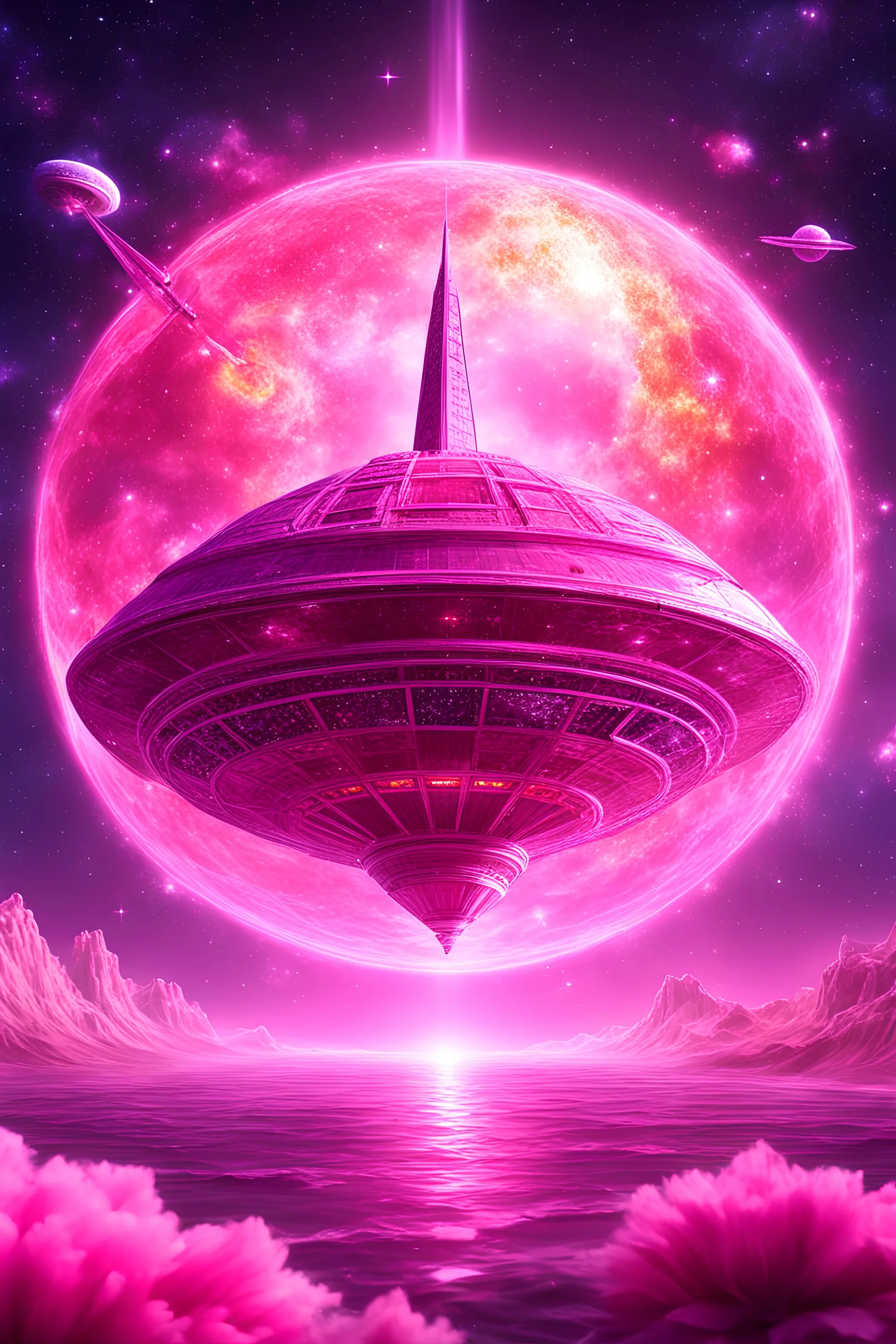 Vaisseau interdimensionnel de couleur rose, grands rayonnements , dans un cosmos rose et jeu très étoilé d' or , 8K