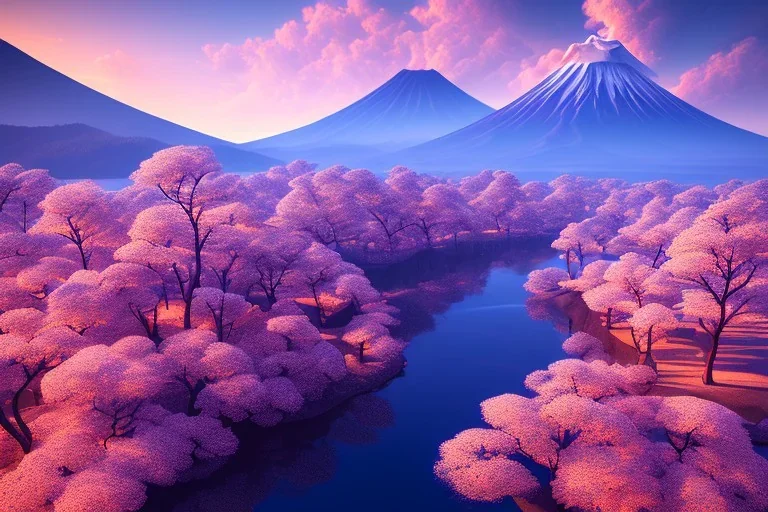 Japanese Fuji Mountain,eruption lava flows into the lake , concept art, smooth, extremely sharp detail, finely tuned detail, ultra high definition, 8 k, unreal engine 5, ultra sharp focus, illustration, magic ambient, bonsai cherry blossom trees .