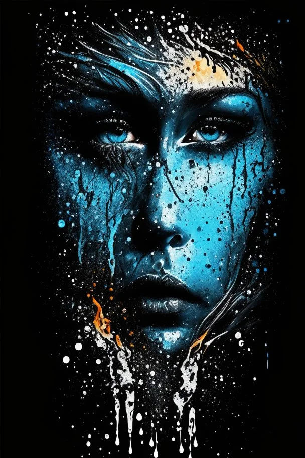 Finland. High-detail Eyes, T-shirt Design, Line Graphics, Black Background, Super-detailed artwork, Gorgeous Face with Detail, Genuine Leather, Water Splashes, Colored Splashes, Fire and Ice, Splashes, Black Ink, Melting Liquid, Dreamy, Radiant, Glamour, Shimmer, Shadows, Oil On Canvas, Brush Strokes, Smooth, Ultra-high resolution, 8k, Unreal Engine 5, Ultra-sharp focus, Complex artistic masterpiece, Golden Ratio, Highly detailed, Vivid, Cinematic rendering of characters, Ultra-high quality mode