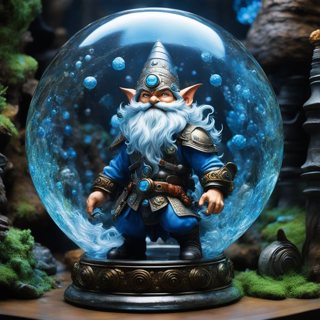 (in the style of Orion, by Masamune Shirow) (psychedelic, high res photo by Ray Harryhausen) Step inside, deeper, into the swirling glass vortex, a whole workshop of a techno mage gnome captured within a transparent, undulating bottle. The gnome, a stop-motion creature of latex and fur, with eyes wide and a manic grin, is in mid-creation, his multi-limbed, clockwork hands sculpting gears and sparks of blue energy from raw crystal. All around him, the environment breathes and collapses—a chaotic