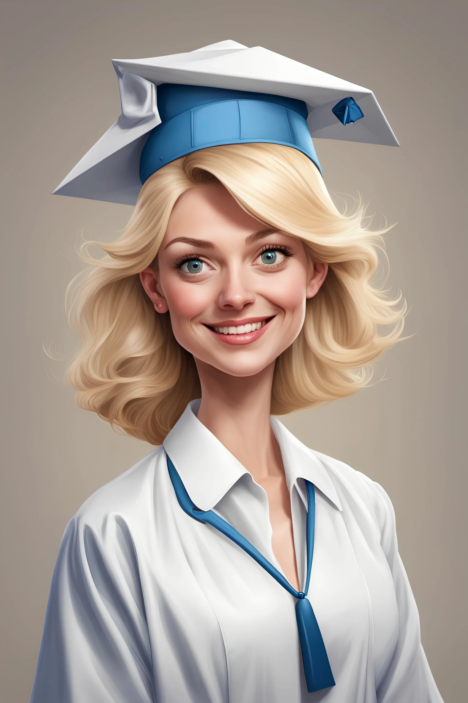 Een dom blondje die haar dokterdiploma heeft gekregen dankzij CHATGPT. superdom, karikatuur, draagt diplomahoedje