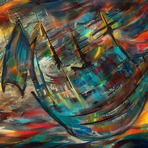 Beautiful pirate ship in the ocean in the style of Abstract Expressionism, complex, incomprehensible, 3D, voluminous, symmetrical, artistic, 4K, 8K