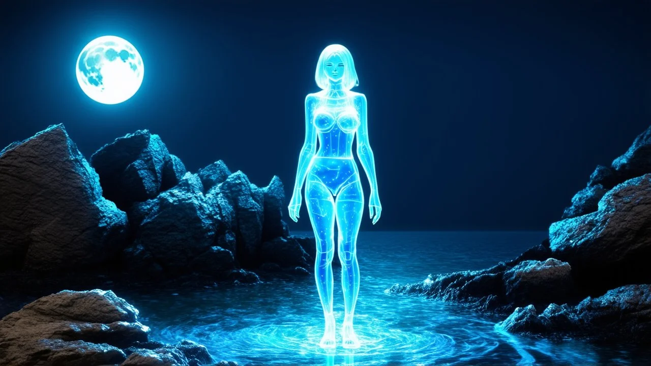 The image depicts a translucent, holographic figure standing on rocky terrain by a calm sea, illuminated by a large full moon. Objects: Rocks: Jagged and textured stones are prominent in the foreground, varying in shades of gray, with some having a wet, shiny appearance due to the moisture from the sea. Holographic Figure: A female figure, represented in a ghostly, ethereal blue-green hue, poses gracefully, extending one arm towards the moon. People: Holographic Woman: The central figure exud