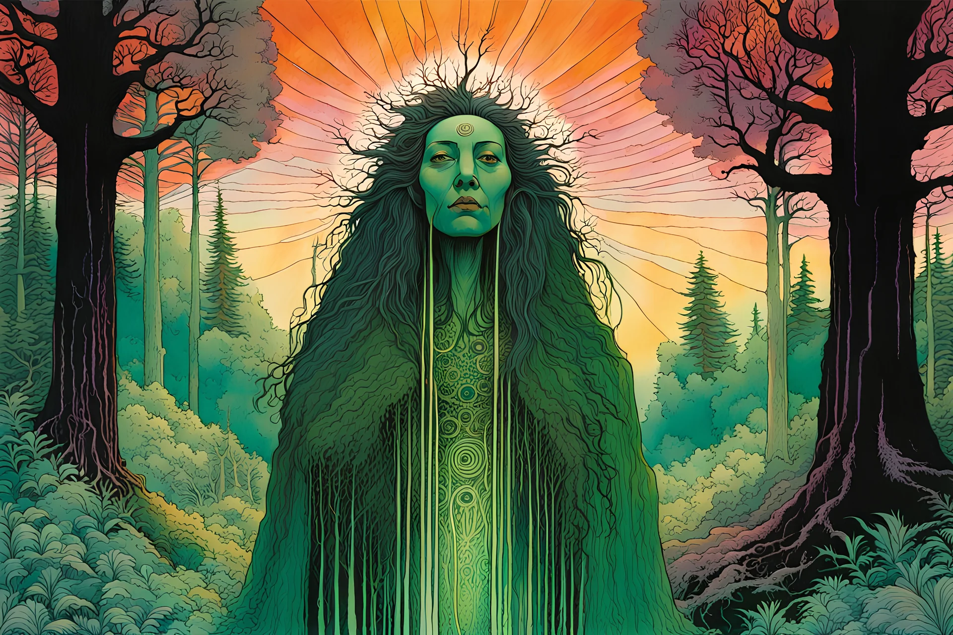 create an abstract expressionist lithograph of a ghostly tribal druid priestess, with highly detailed, delicate feminine facial features, inhabiting an ethereal Northern forest of ancient hemlocks, in the comic book style of Jean Giraud Moebius, David Hoskins, and Enki Bilal, precisely drawn, sharply defined, boldly inked, with vibrant pale dawn colors