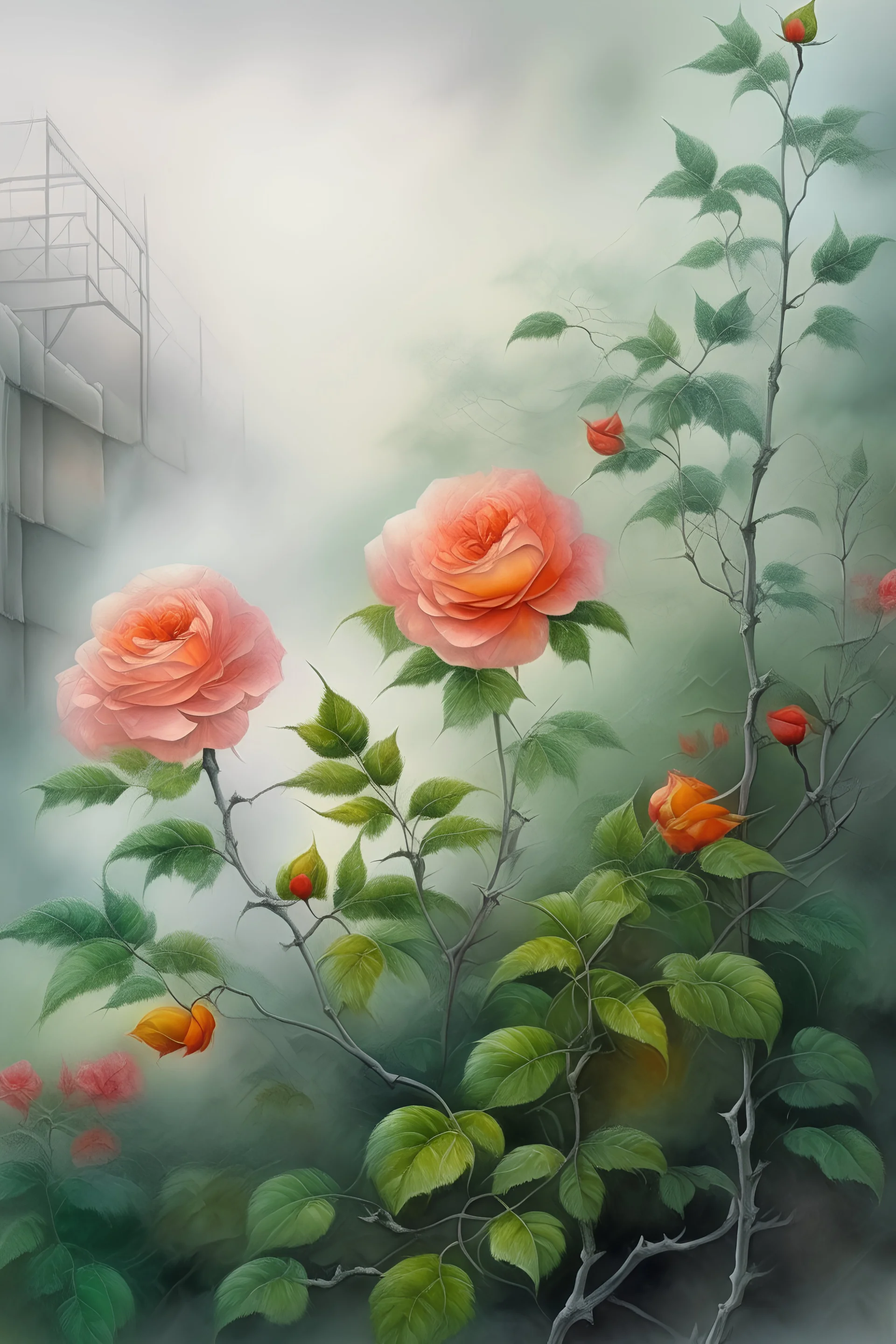 81. Watercolor, double Chinese rose bush, ultra-detailed, morning, rain, greenery, beautiful landscape, fog, many details, delicate sensuality, realistic, high quality, 3d, work of art, hyperdetalization, filigree, foggy haze background, hyperrealism, professional, transparent, delicate pastel tones, back lighting, contrast, fantastic, unreal, translucent, glowing, clear lines, epic fabulous, fabulous landscape, hyperrealism