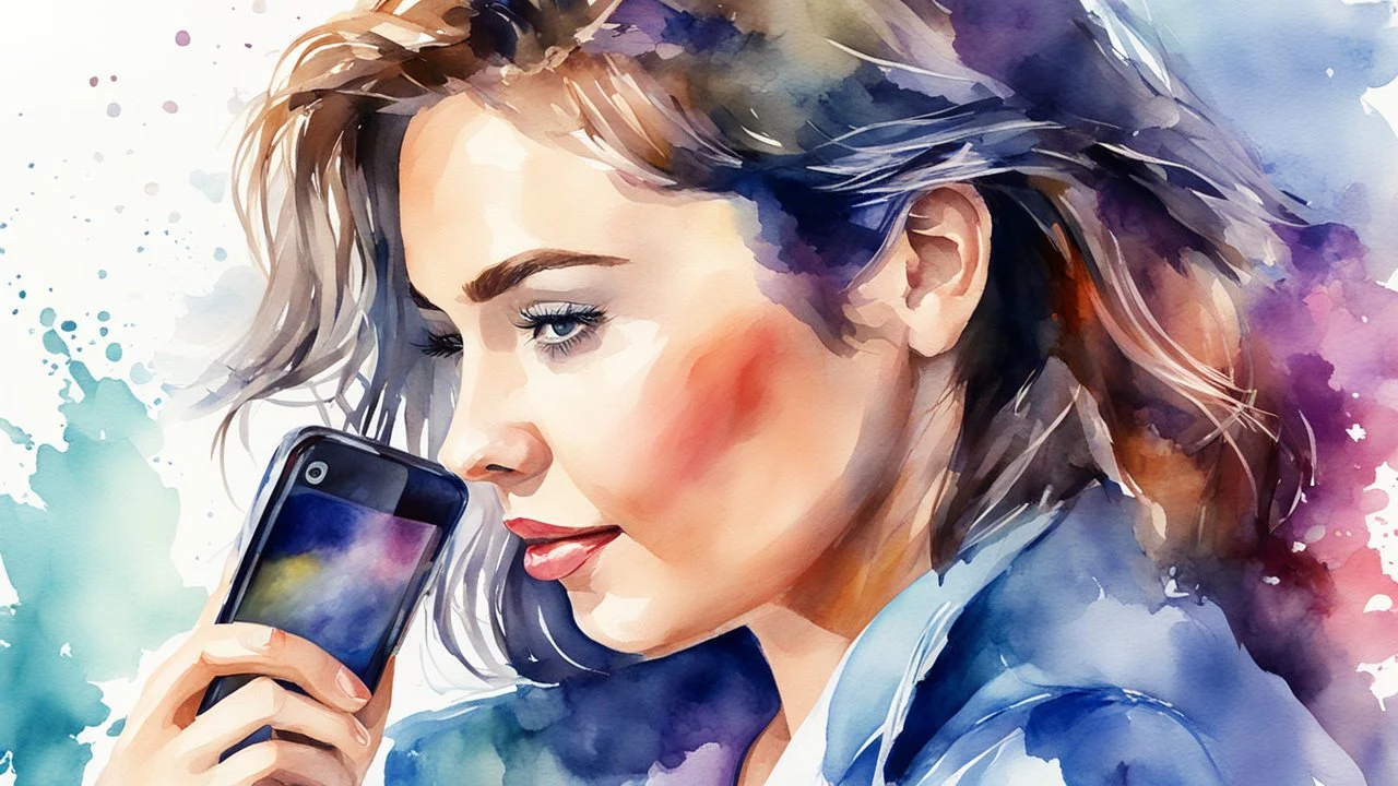 watercolor, beautiful woman talking on a smartphone, clear focus, high detail. 3d, 64k, high resolution, computer graphics, hyperrealism, f/16, 1/300 sec. digital painting, pop art,