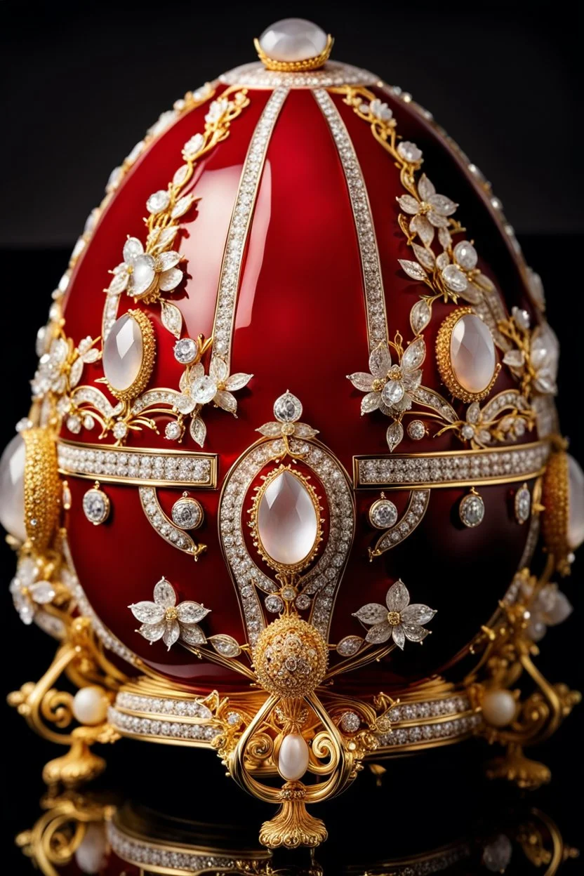 A Fabergé jewelly creation the exterior of the red egg formed with many stunning gold decorations. It studded with diamonds and made from quartz, platinum, and orthoclase with miniature flowers, white crystals, diamonds and made from platinum and gold, the flowers and plants made of white quartz and gold, classic ornaments, The box features decorative Swarovski crystals and an enamel finish, high quality, detailed, photography