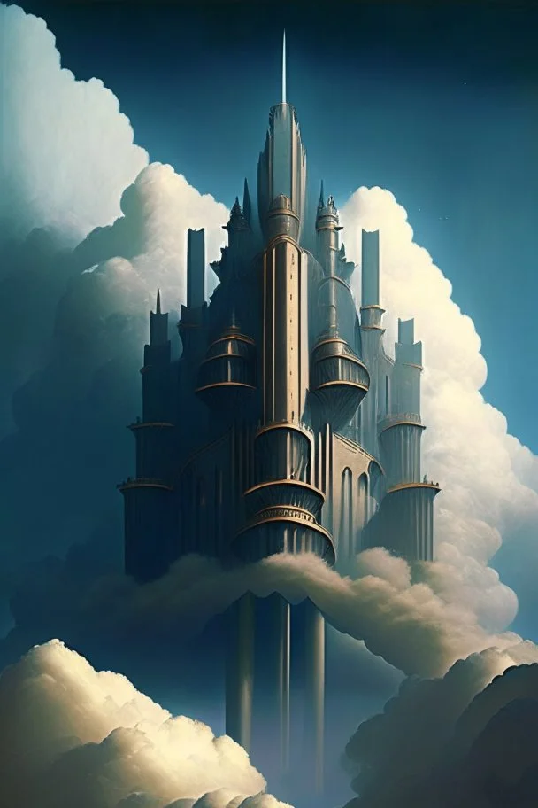 Enormous castle in the sky, ominously looming above in the style of art deco